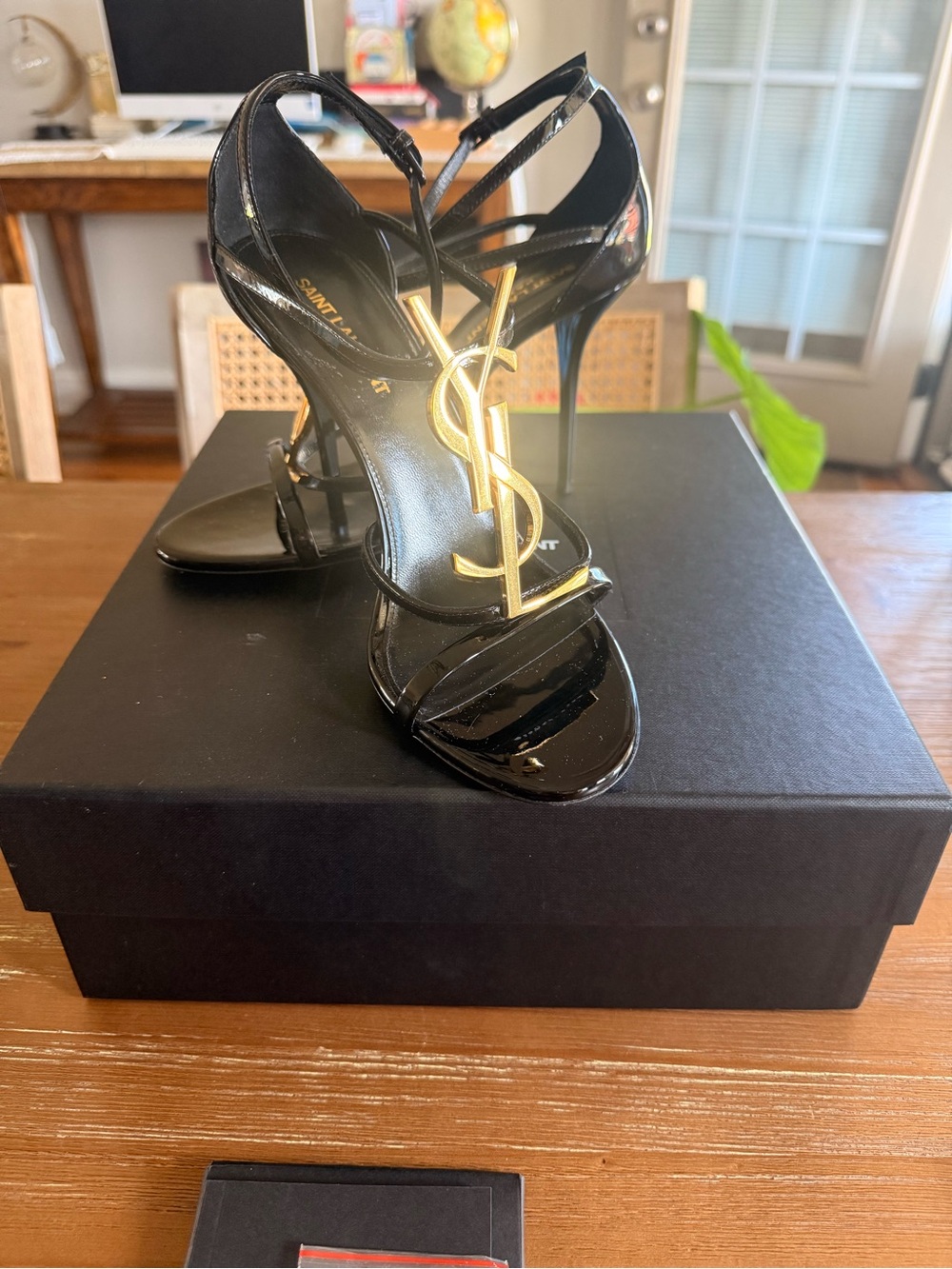 Saint Laurent Black Patent Leather YSL Logo Stiletto Sandals
